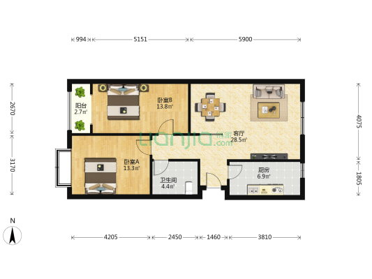 上海人家 2室1厅1卫 90平方