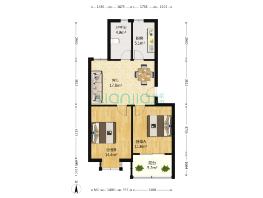 梁林帆影庄西区 2室1厅1卫 72平方