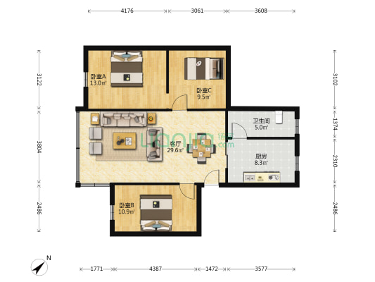 华园小区 3室1厅1卫 104平方