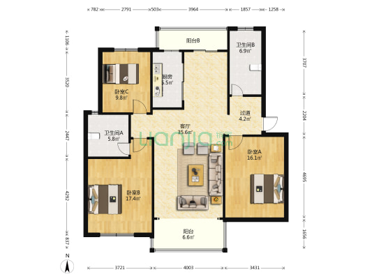 银河苑二区 3室1厅2卫 196平方