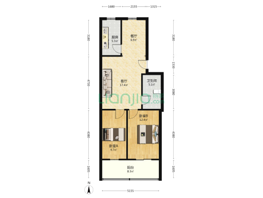 太原液压件厂宿舍 2室2厅1卫 77平方