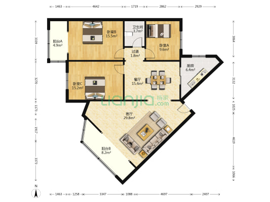 西桃园 3室2厅1卫 131平方