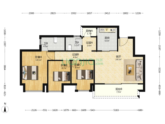 龙湖两江郦湾二期林涧 3室1厅2卫 99平方