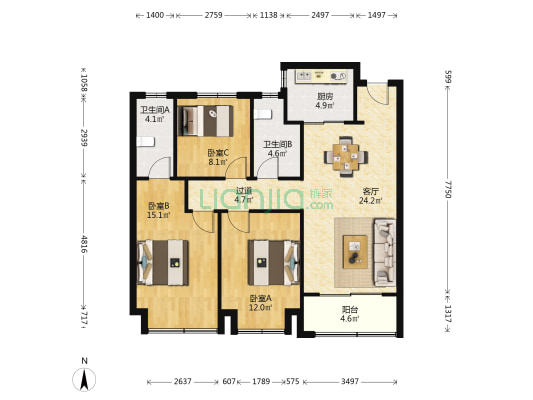 绿地华彤苑 3室1厅2卫 115平方