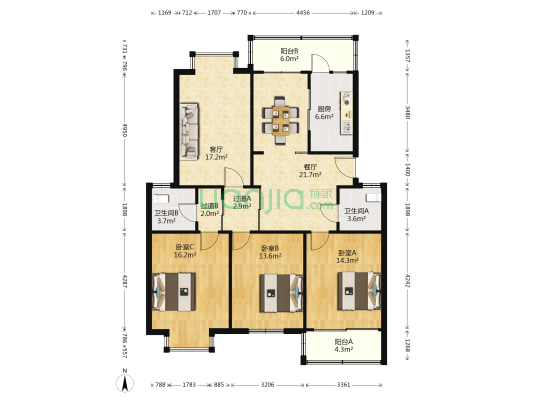 花汇苑二区 3室2厅2卫 132平方