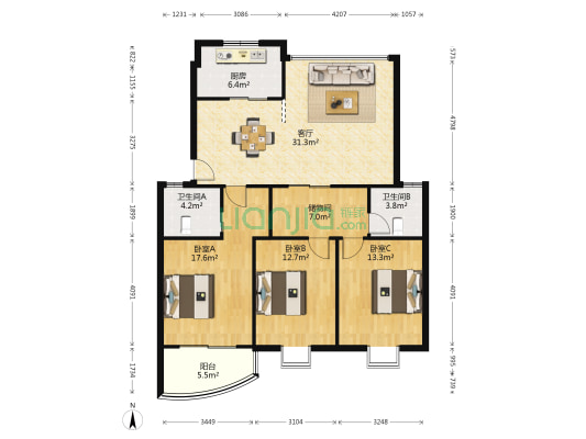 华瑞新城 3室1厅2卫 122平方