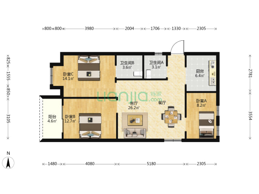 名都佳苑 3室1厅2卫 94平方