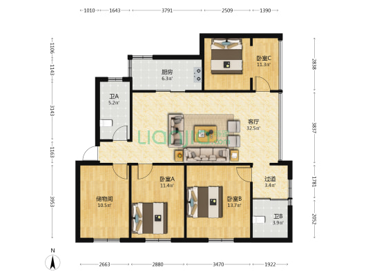 福海严家地村322号附1号 3室1厅2卫 103平方