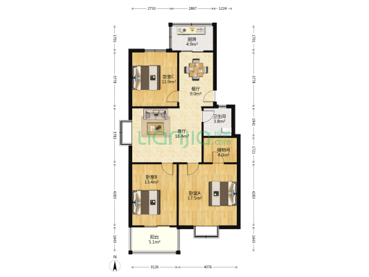 桥溪园 3室2厅1卫 109平方