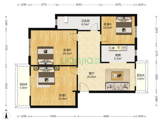 鹏翔花园 3室1厅1卫 103平方