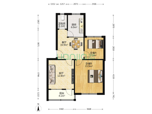 卫生街222号院 2室2厅1卫 72平方