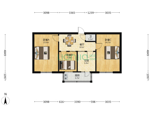 市电影公司宿舍 3室1厅1卫 72平方