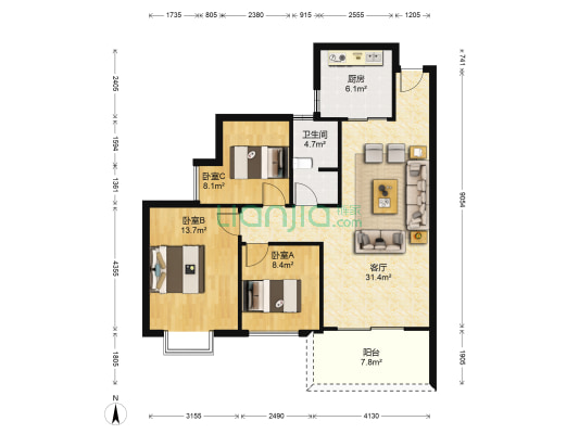 华银天际C区 3室1厅1卫 88平方