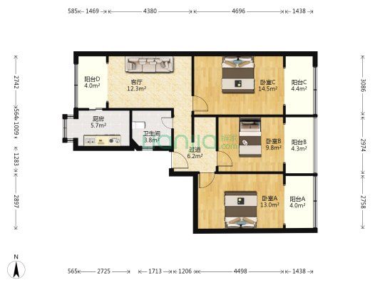 市法院宿舍 3室1厅1卫 89平方