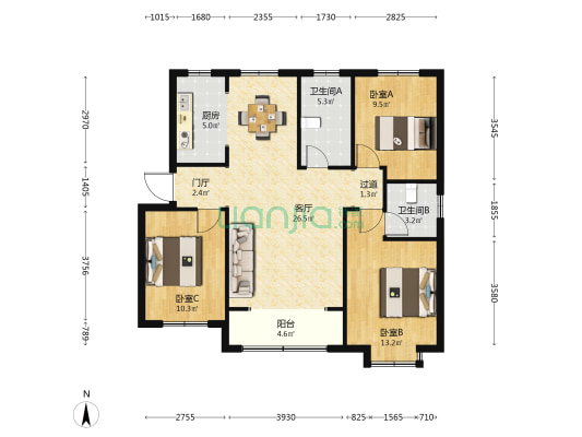 荣科丽苑 3室1厅2卫 122平方