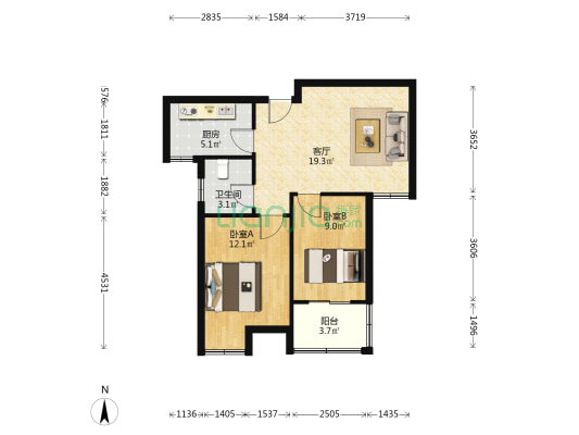 右岸景苑A区 2室1厅1卫 70平方