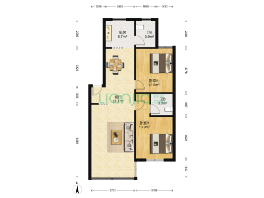 南建公寓 2室1厅2卫 89平方