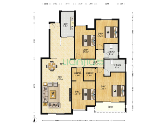 复地北桥城(都市路388弄)(公寓) 4室1厅2卫 157平方