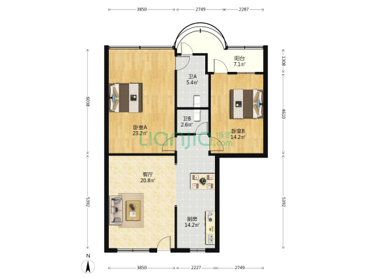 禅城名雅花园 2室1厅2卫 107平方