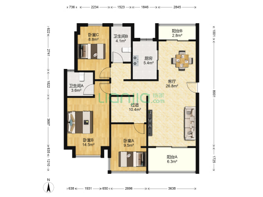 黄金时代柳林苑 3室1厅2卫 130平方