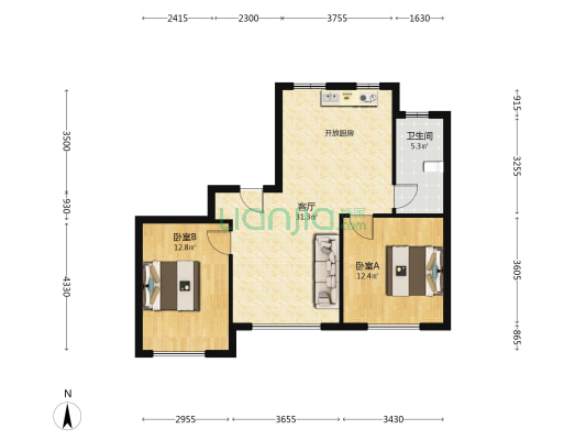汇智环球金贸城三期 2室1厅1卫 86平方