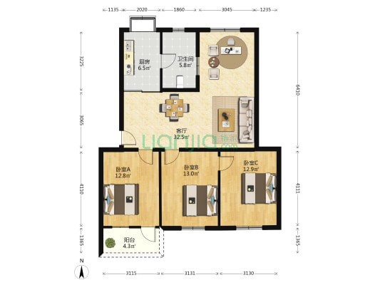 星湖路南一里6号院 3室1厅1卫 90平方