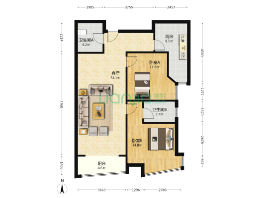 房本满二 中间层 不挡光 看房随时-户型图