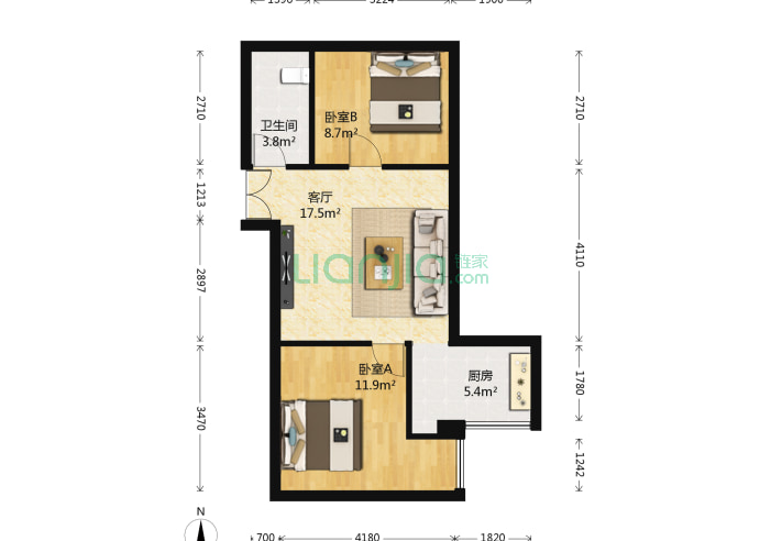 2室1厅1卫63.93㎡-北京华龙美钰户型图