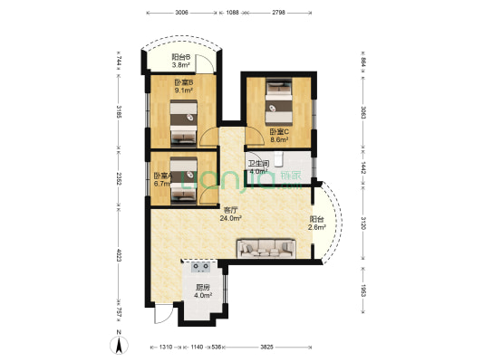 青宜居一期 3室1厅1卫 87平方