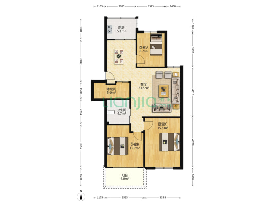 龙野花园 3室1厅1卫 104平方
