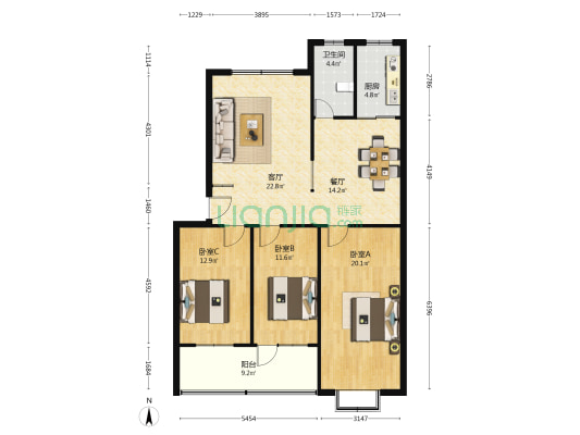 贵和小区 3室2厅1卫 122平方