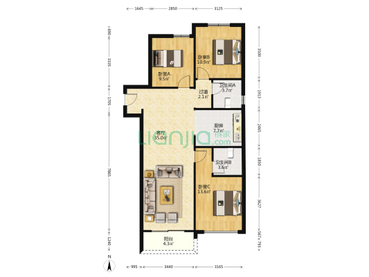 融创城开中原宸院一期 3室1厅2卫 124平方
