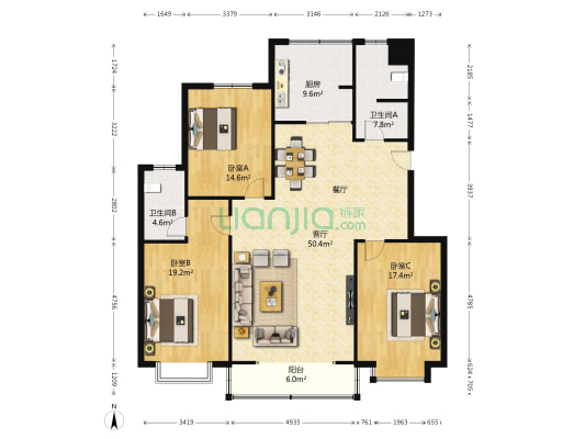 民安路66号 3室1厅2卫 160平方