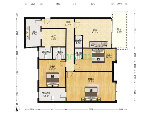 农校东区 3室2厅5卫 132平方