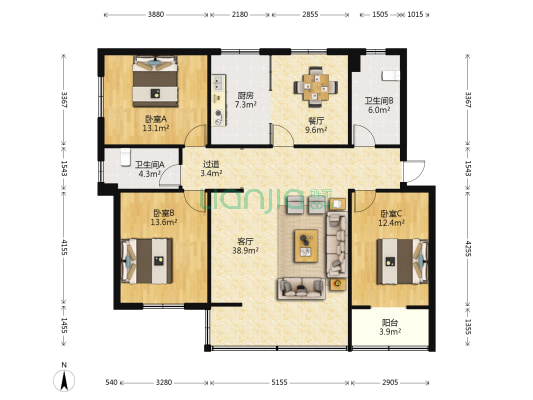 柯越小区 3室2厅2卫 143平方