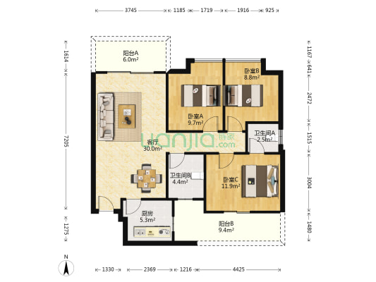 观山悦一期 3室1厅2卫 93平方
