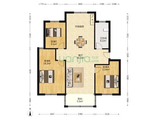 合兴花苑 3室1厅1卫 118平方