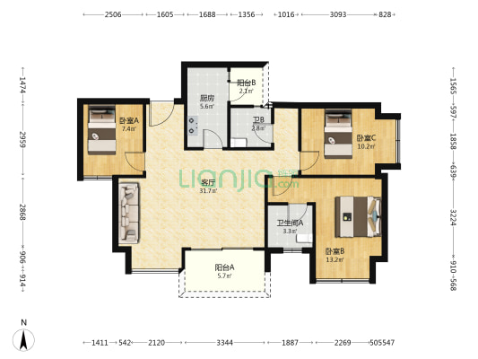 蓝光未来城 3室1厅2卫 99平方