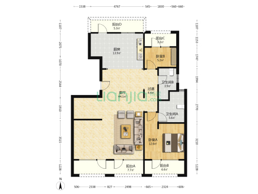 美地泰和府 2室1厅2卫 228平方