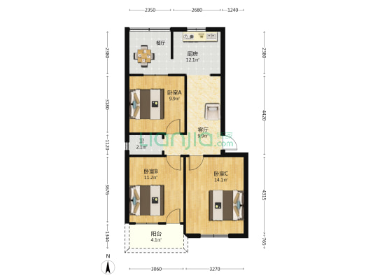 电力宿舍 3室1厅1卫 78平方