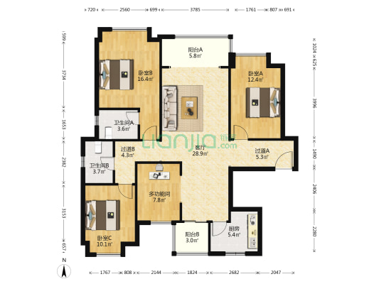 中海锦江壹号 4室1厅2卫 122平方