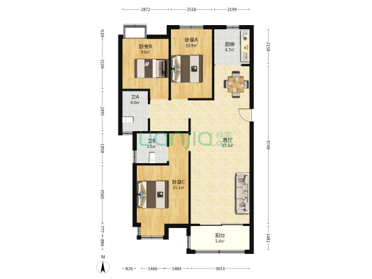 元上新村 3室1厅2卫 120平方