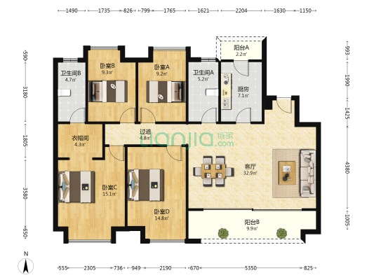 莫奈公馆B区 4室1厅2卫 137平方