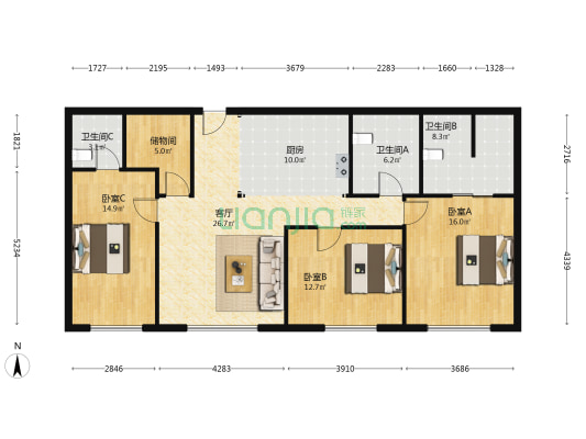 福建天安大厦 3室1厅3卫 151平方