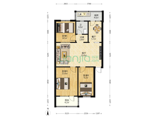 小店区文化广播局宿舍 3室2厅1卫 83平方