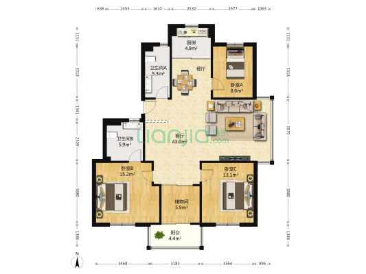 牡丹园 3室1厅2卫 134平方