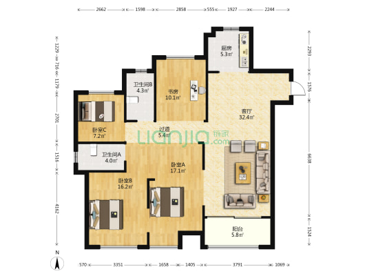红星天铂 4室1厅2卫 128平方