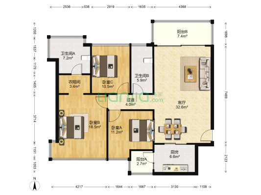 恒大城 3室1厅2卫 129平方