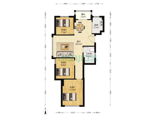 观樾花园 3室1厅1卫 88平方