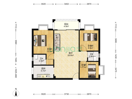 嘉明楼 3室1厅2卫 90平方